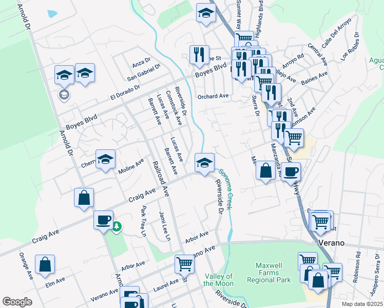 map of restaurants, bars, coffee shops, grocery stores, and more near 18421 Riverside Drive in Sonoma