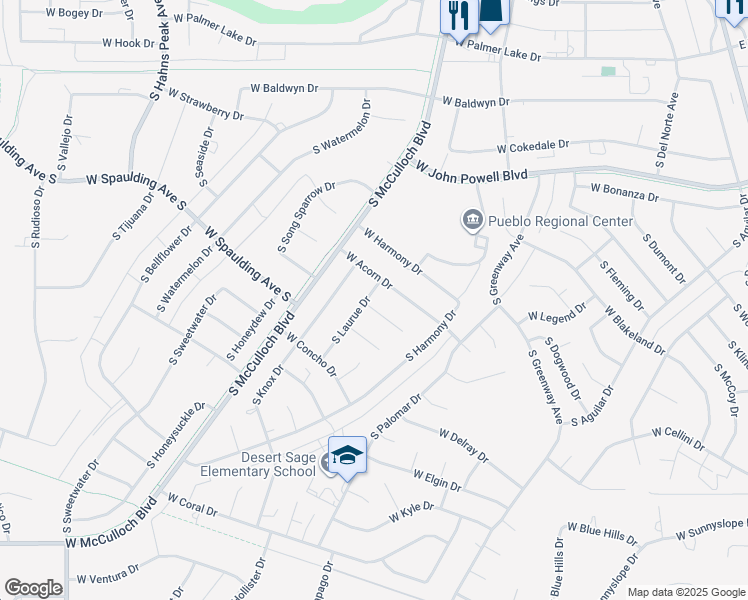 map of restaurants, bars, coffee shops, grocery stores, and more near 758 South Laurue Drive in Pueblo West