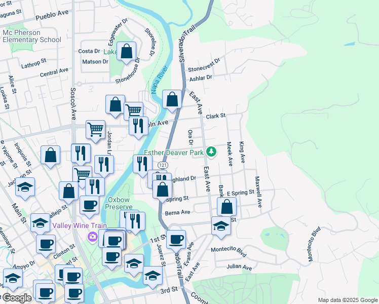 map of restaurants, bars, coffee shops, grocery stores, and more near 1029 Summit Avenue in Napa