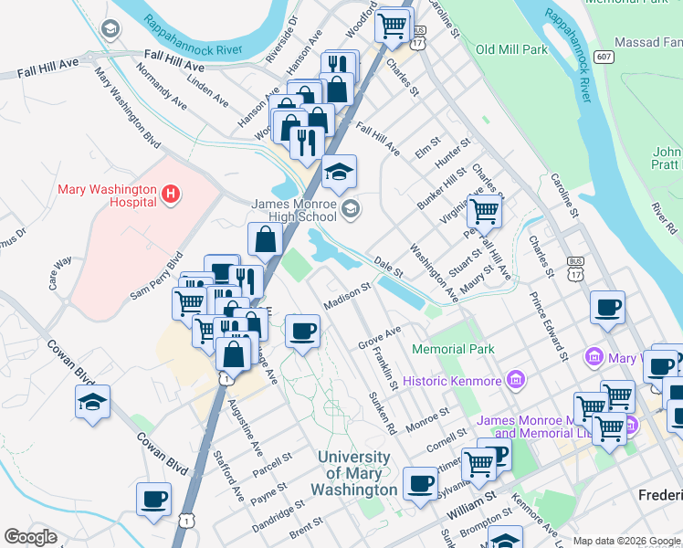 map of restaurants, bars, coffee shops, grocery stores, and more near 1707 Franklin Street in Fredericksburg