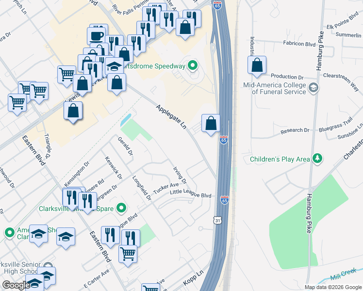map of restaurants, bars, coffee shops, grocery stores, and more near 1105 Applegate Lane in Clarksville