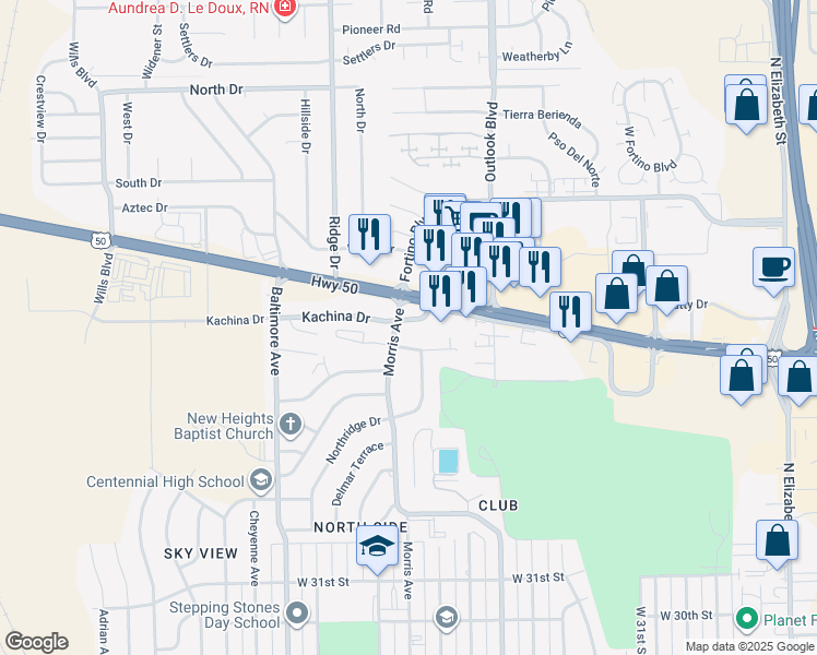 map of restaurants, bars, coffee shops, grocery stores, and more near 3606 Morris Avenue in Pueblo