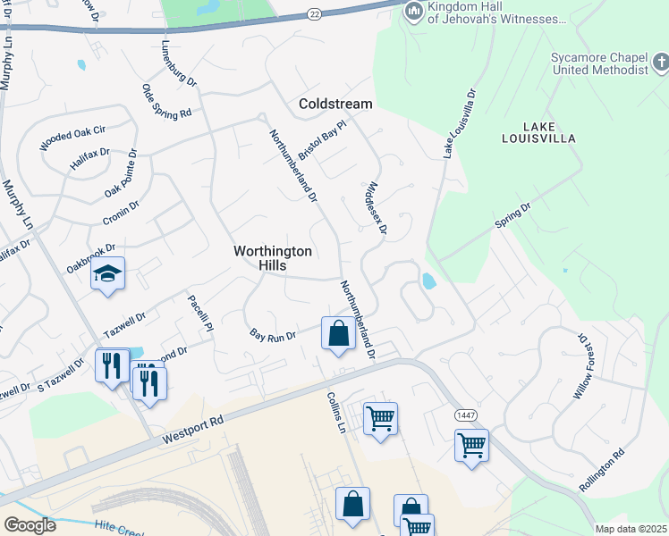 map of restaurants, bars, coffee shops, grocery stores, and more near 3822 Northumberland Drive in Worthington Hills