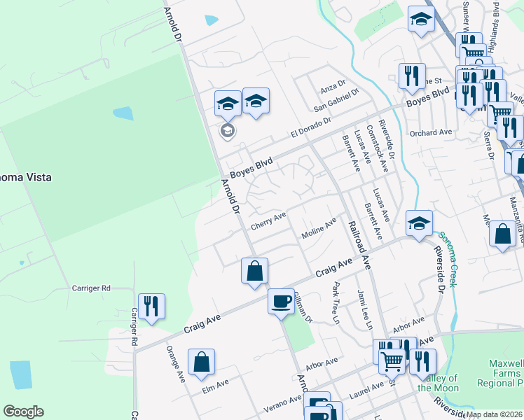 map of restaurants, bars, coffee shops, grocery stores, and more near 1113 Princeton Drive in Sonoma