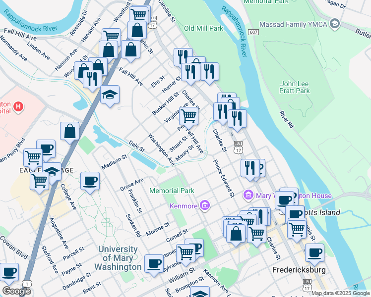 map of restaurants, bars, coffee shops, grocery stores, and more near 621 Maury Street in Fredericksburg