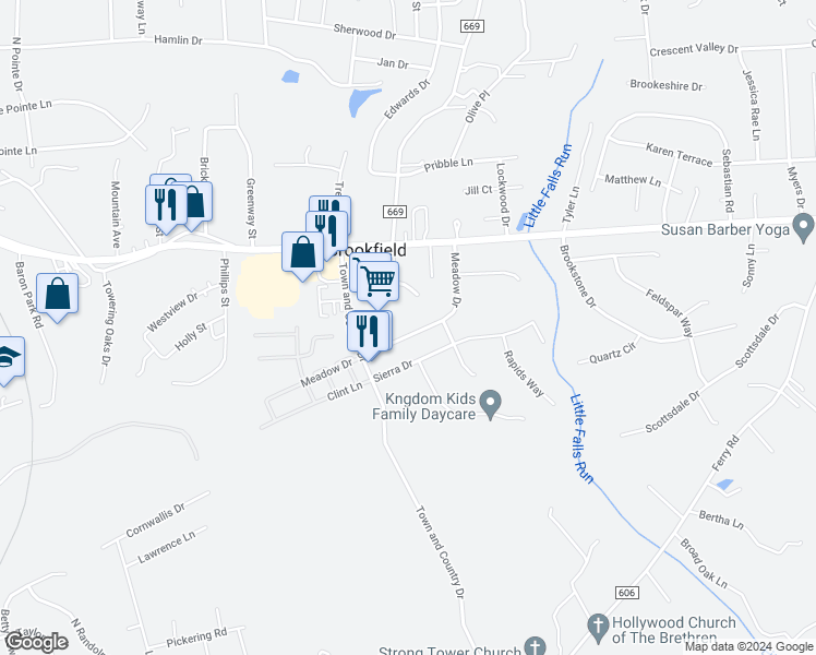 map of restaurants, bars, coffee shops, grocery stores, and more near 1821 Meadow Drive in Fredericksburg
