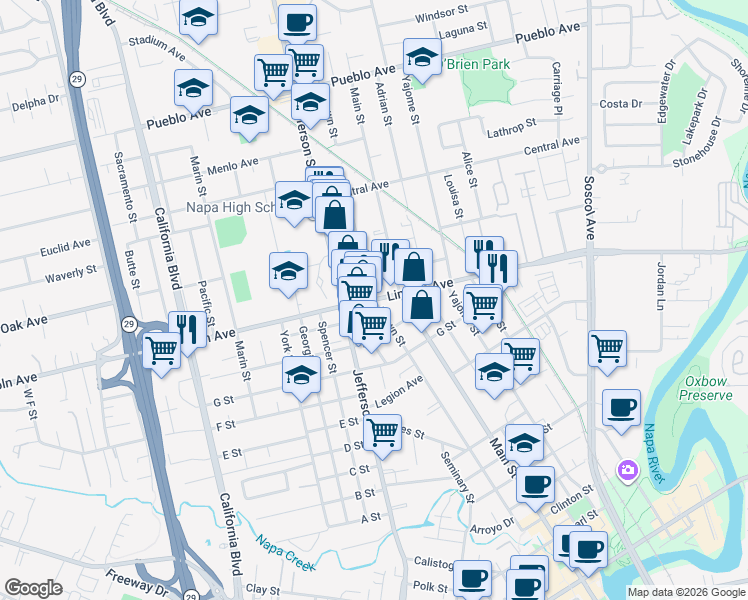 map of restaurants, bars, coffee shops, grocery stores, and more near Brown St & Lincoln Ave in Napa