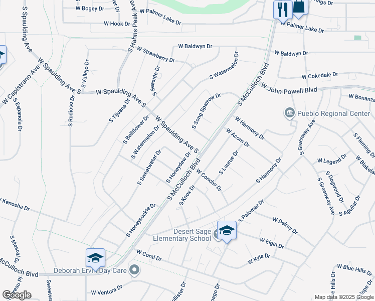 map of restaurants, bars, coffee shops, grocery stores, and more near 755 South Honeydew Drive in Pueblo West