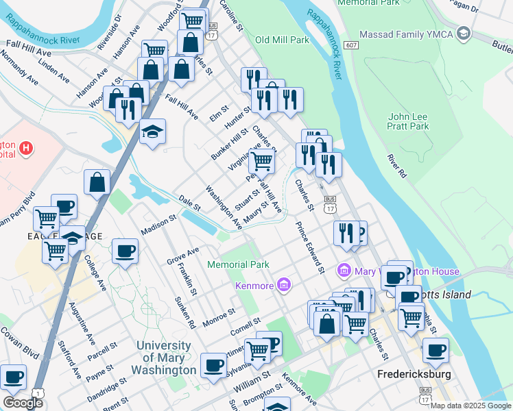 map of restaurants, bars, coffee shops, grocery stores, and more near 621 Maury Street in Fredericksburg