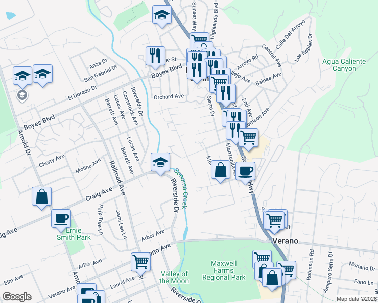 map of restaurants, bars, coffee shops, grocery stores, and more near 200 West Thomson Avenue in Sonoma