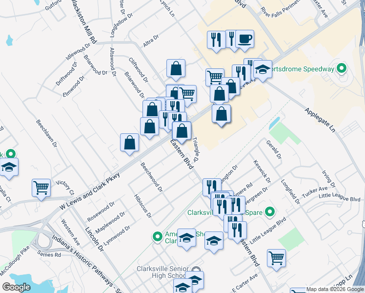 map of restaurants, bars, coffee shops, grocery stores, and more near 1312 Eastern Boulevard in Clarksville