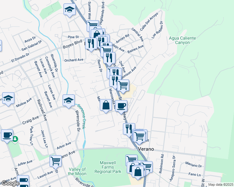 map of restaurants, bars, coffee shops, grocery stores, and more near 18605 Manzanita Road in Sonoma