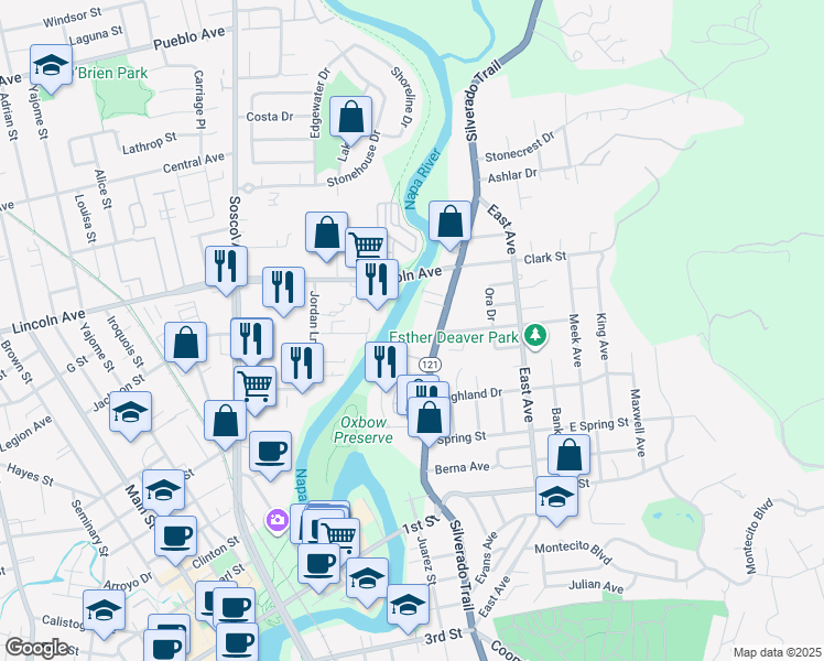 map of restaurants, bars, coffee shops, grocery stores, and more near 1577 Silverado Trail in Napa