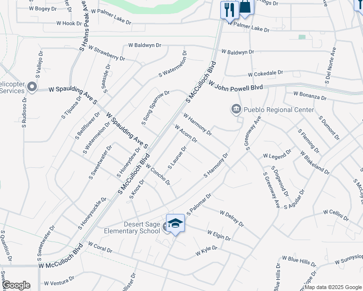 map of restaurants, bars, coffee shops, grocery stores, and more near 761 South Laurue Drive in Pueblo West