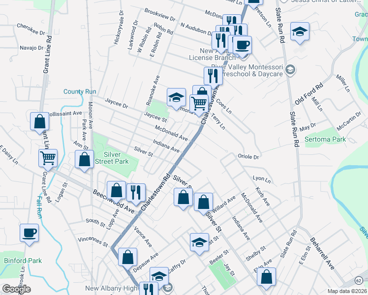 map of restaurants, bars, coffee shops, grocery stores, and more near 2401 Charlestown Road in New Albany