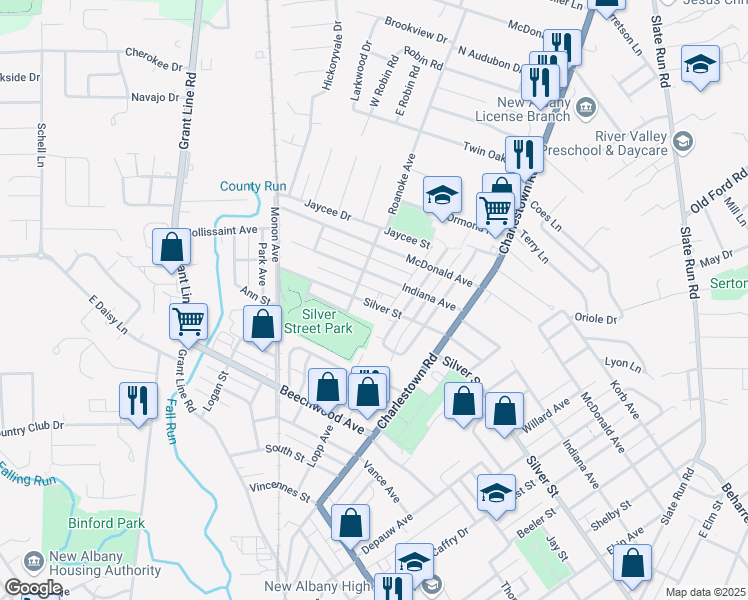 map of restaurants, bars, coffee shops, grocery stores, and more near 1924 Silver Street in New Albany