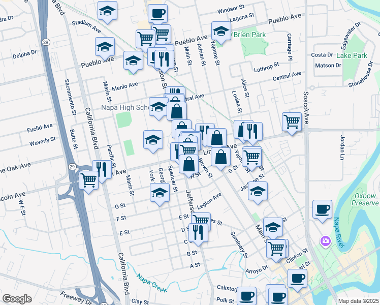 map of restaurants, bars, coffee shops, grocery stores, and more near 1100 Lincoln Avenue in Napa