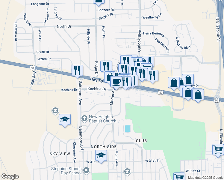 map of restaurants, bars, coffee shops, grocery stores, and more near 2000 Kachina Drive in Pueblo