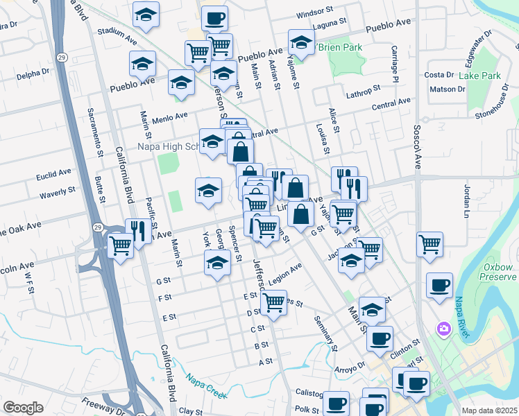 map of restaurants, bars, coffee shops, grocery stores, and more near 1100 Lincoln Avenue in Napa