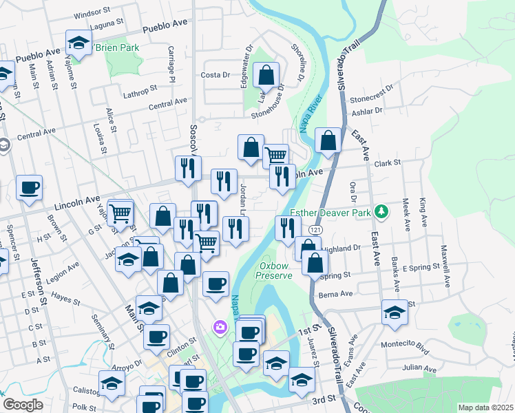 map of restaurants, bars, coffee shops, grocery stores, and more near 562 North Bay Drive in Napa