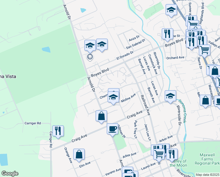 map of restaurants, bars, coffee shops, grocery stores, and more near 1113 Princeton Drive in Sonoma