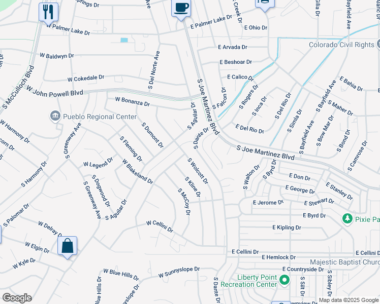 map of restaurants, bars, coffee shops, grocery stores, and more near 730 South Sterling Drive in Pueblo West