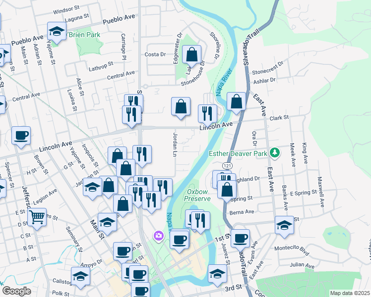 map of restaurants, bars, coffee shops, grocery stores, and more near 562 North Bay Drive in Napa