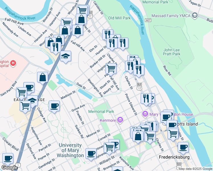 map of restaurants, bars, coffee shops, grocery stores, and more near 626 Stuart Street in Fredericksburg