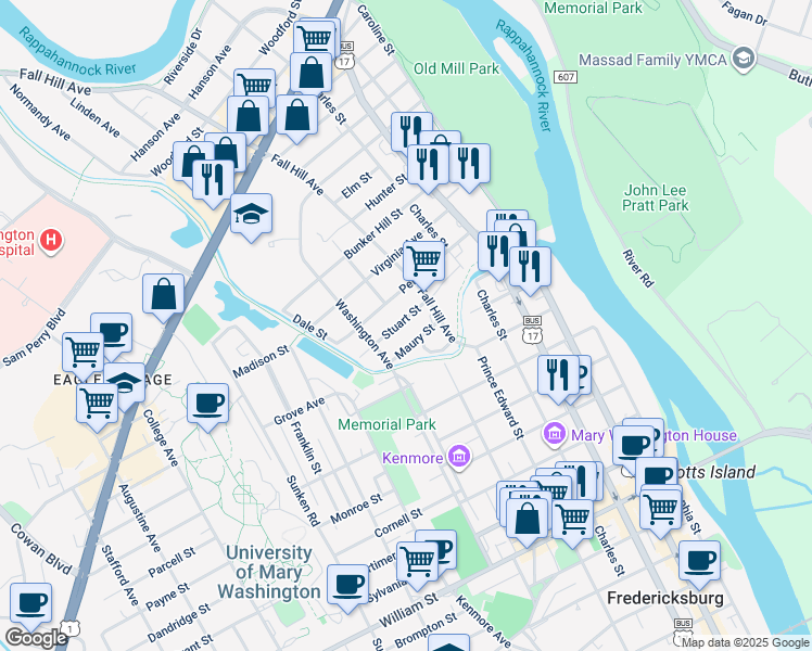 map of restaurants, bars, coffee shops, grocery stores, and more near 626 Stuart Street in Fredericksburg