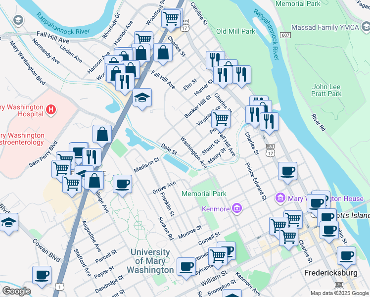 map of restaurants, bars, coffee shops, grocery stores, and more near 1902 Washington Avenue in Fredericksburg
