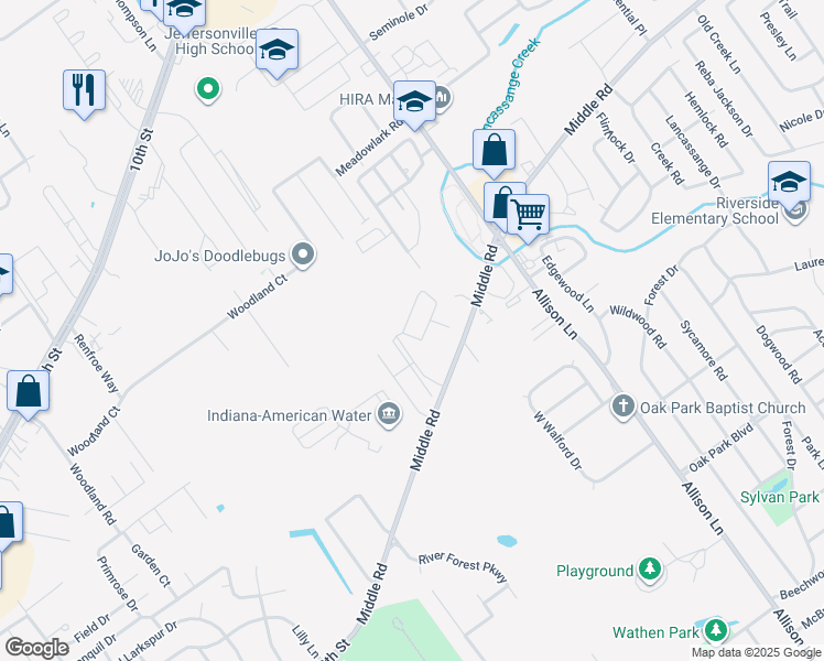 map of restaurants, bars, coffee shops, grocery stores, and more near 1906 Village Green Boulevard in Jeffersonville