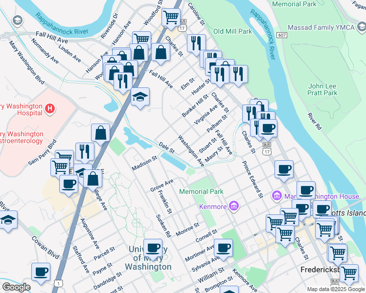 map of restaurants, bars, coffee shops, grocery stores, and more near 1902 Washington Avenue in Fredericksburg