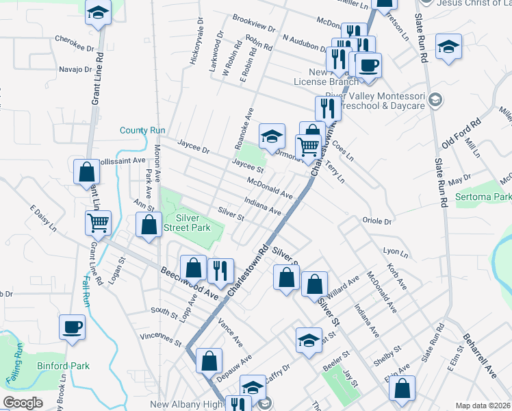 map of restaurants, bars, coffee shops, grocery stores, and more near 2313 Shrader Avenue in New Albany