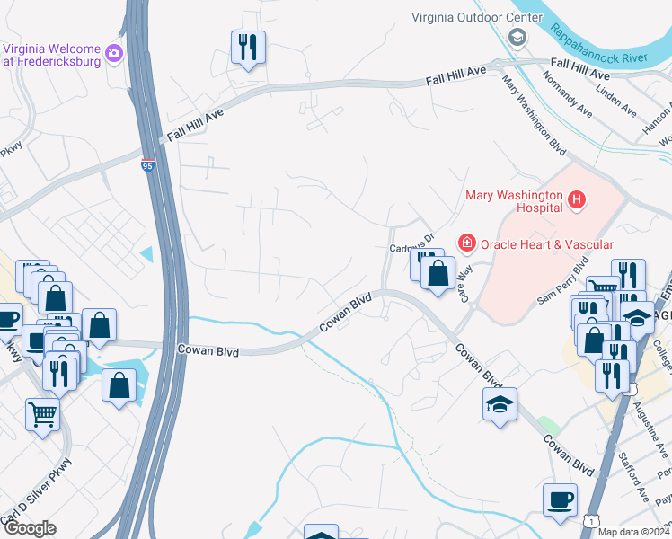 map of restaurants, bars, coffee shops, grocery stores, and more near 1007 Dorthea Court in Fredericksburg