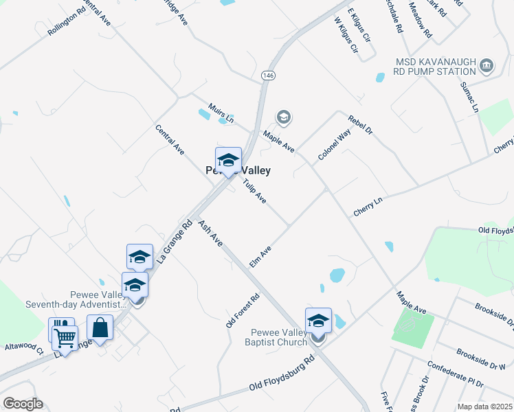 map of restaurants, bars, coffee shops, grocery stores, and more near 112 Tulip Avenue in Pewee Valley