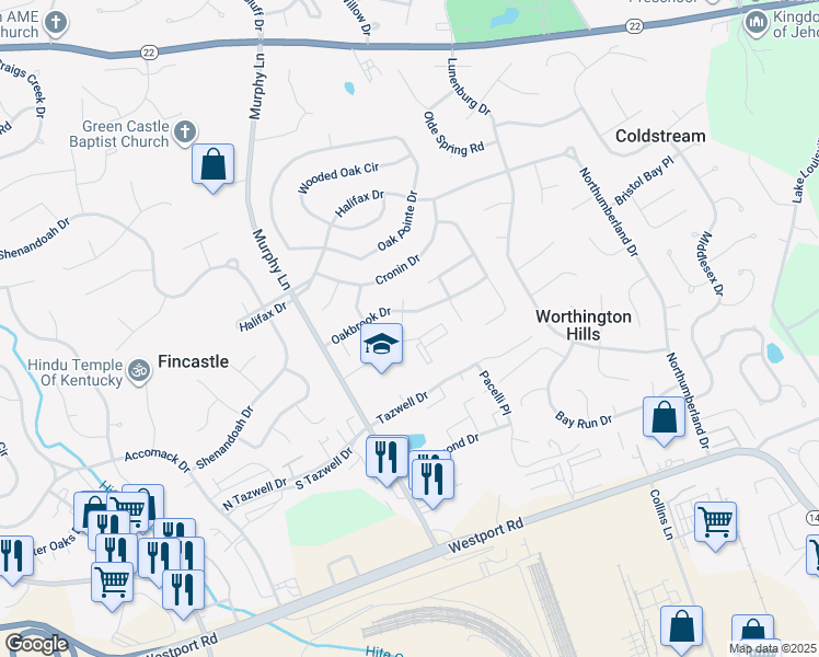 map of restaurants, bars, coffee shops, grocery stores, and more near 11903 Oak Bay Place in Louisville