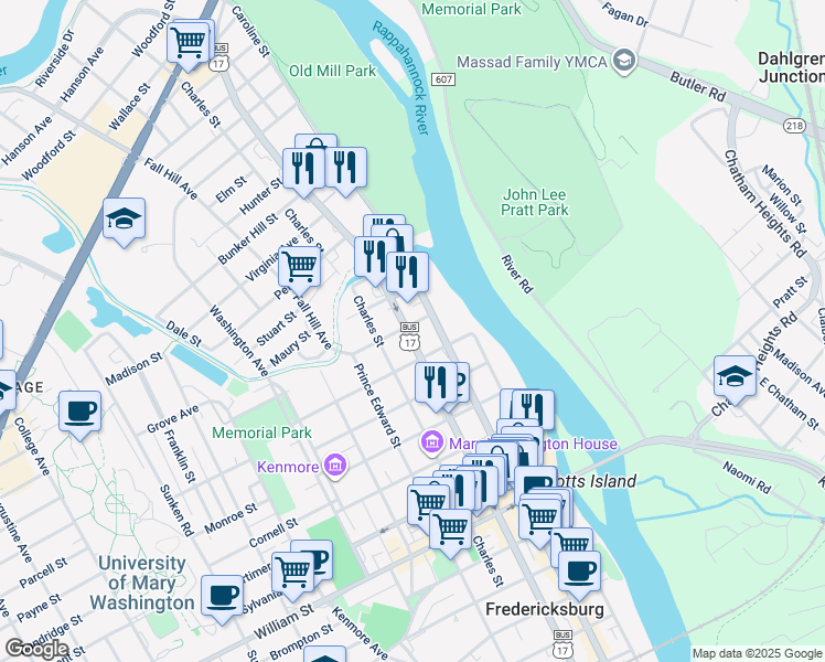 map of restaurants, bars, coffee shops, grocery stores, and more near 1515 Princess Anne Street in Fredericksburg