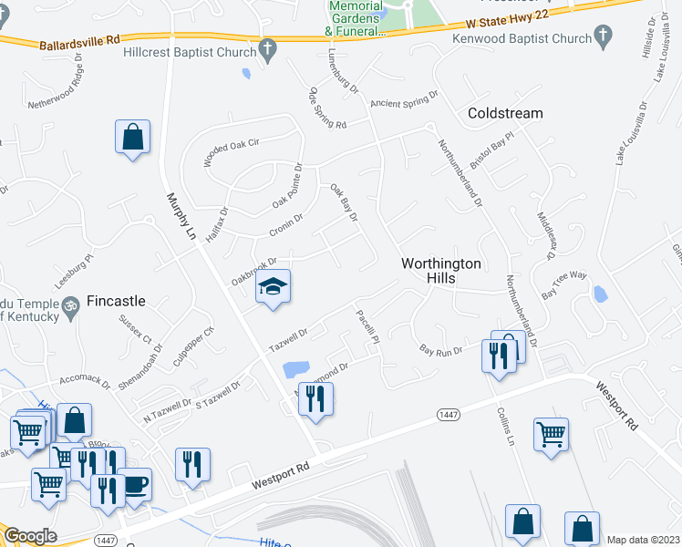 map of restaurants, bars, coffee shops, grocery stores, and more near 12000 Fallen Oak Court in Worthington Hills