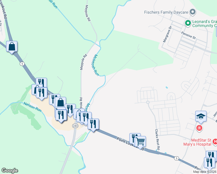 map of restaurants, bars, coffee shops, grocery stores, and more near 23350 Potato Hill Farm Lane in Leonardtown