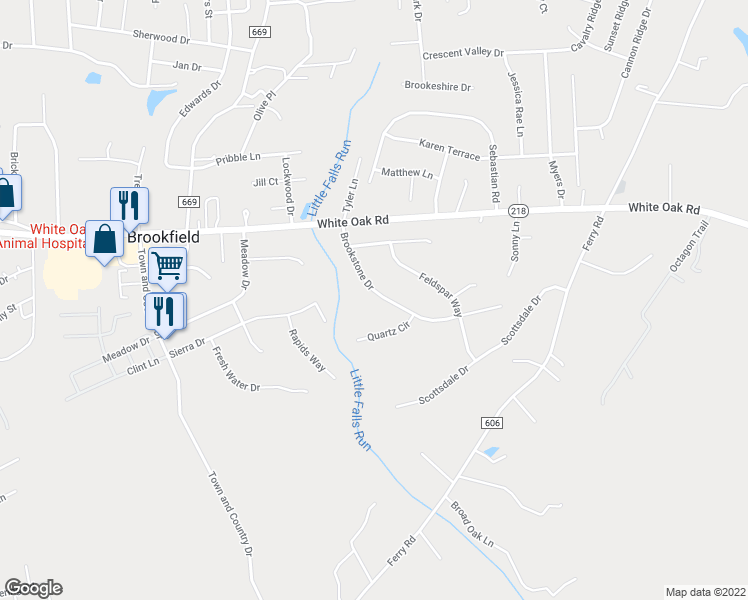 map of restaurants, bars, coffee shops, grocery stores, and more near 20 Brookstone Drive in Fredericksburg