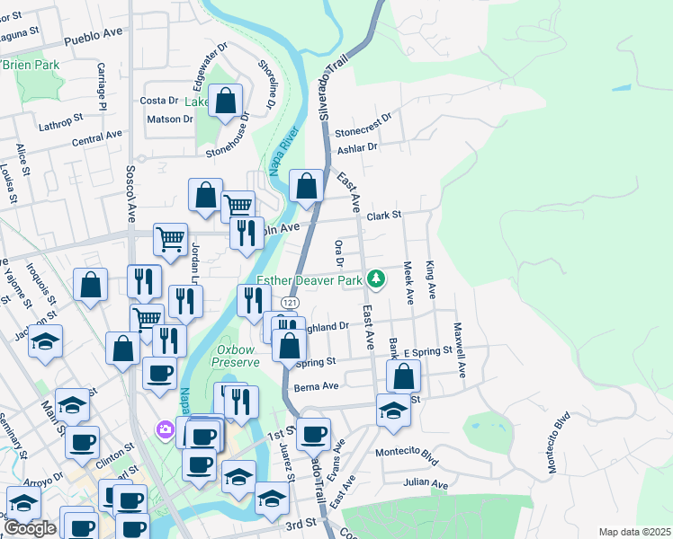 map of restaurants, bars, coffee shops, grocery stores, and more near 1029 Summit Avenue in Napa