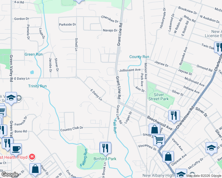 map of restaurants, bars, coffee shops, grocery stores, and more near in New Albany