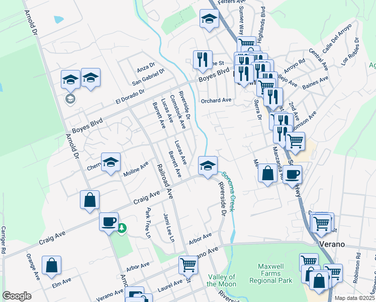 map of restaurants, bars, coffee shops, grocery stores, and more near 18400 Comstock Avenue in Sonoma