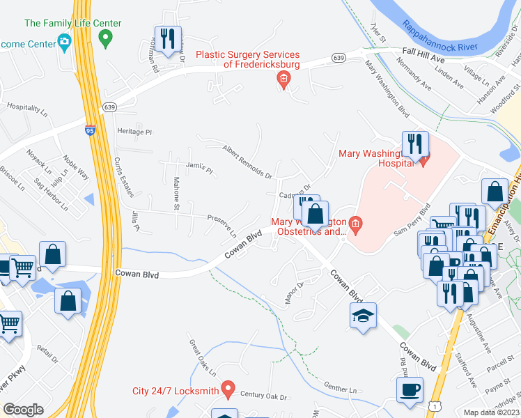 map of restaurants, bars, coffee shops, grocery stores, and more near 1049 Hotchkiss Place in Fredericksburg