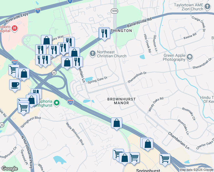 map of restaurants, bars, coffee shops, grocery stores, and more near 4408 White Pine Way in Louisville