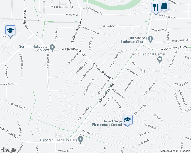 map of restaurants, bars, coffee shops, grocery stores, and more near 379 West Buttercup Way in Pueblo