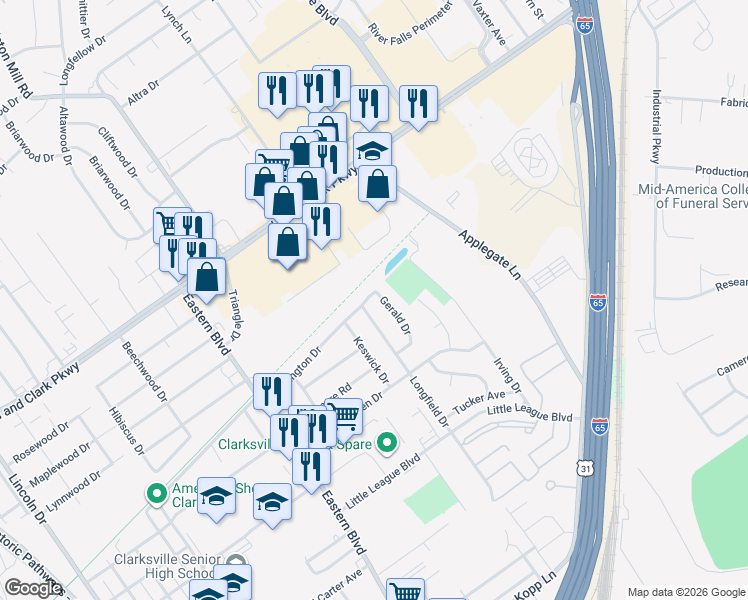 map of restaurants, bars, coffee shops, grocery stores, and more near 1023 Longfield Drive in Clarksville