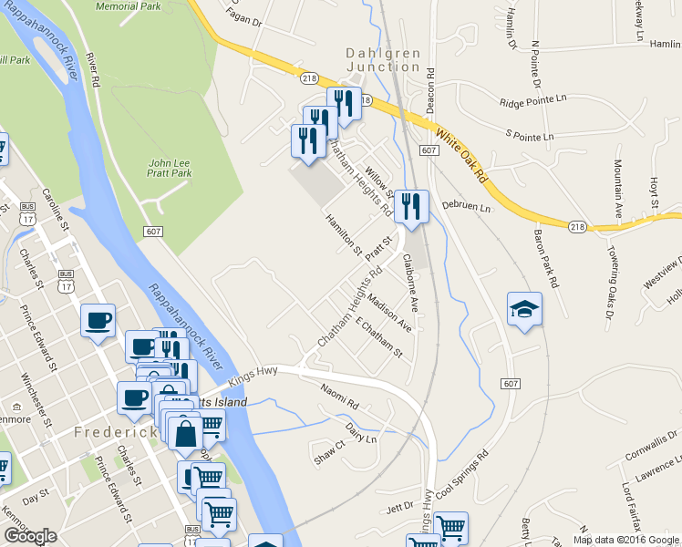 map of restaurants, bars, coffee shops, grocery stores, and more near 405 Pratt Avenue in Fredericksburg
