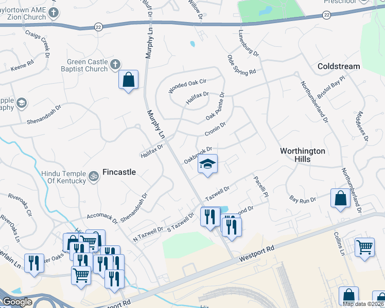 map of restaurants, bars, coffee shops, grocery stores, and more near 4906 Oakbrook Drive in Louisville