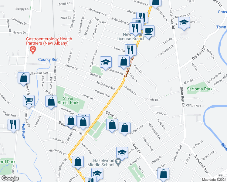 map of restaurants, bars, coffee shops, grocery stores, and more near 2413 Charlestown Road in New Albany